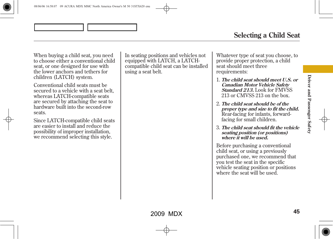 Selecting a child seat, 2009 mdx | Acura 2009 MDX User Manual | Page 49 / 489
