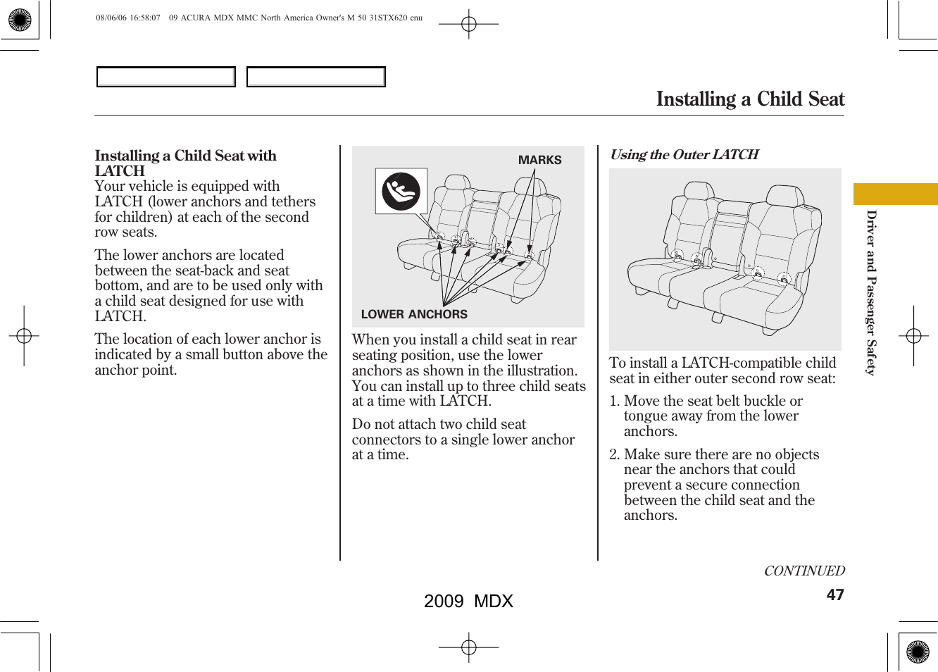 Installing a child seat, 2009 mdx | Acura 2009 MDX User Manual | Page 51 / 489