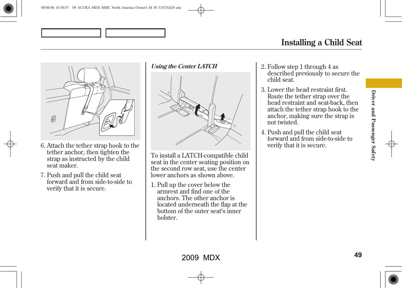 Installing a child seat, 2009 mdx | Acura 2009 MDX User Manual | Page 53 / 489