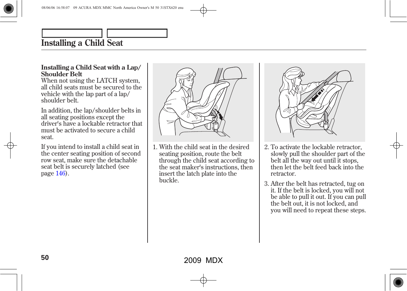 Installing a child seat, 2009 mdx | Acura 2009 MDX User Manual | Page 54 / 489