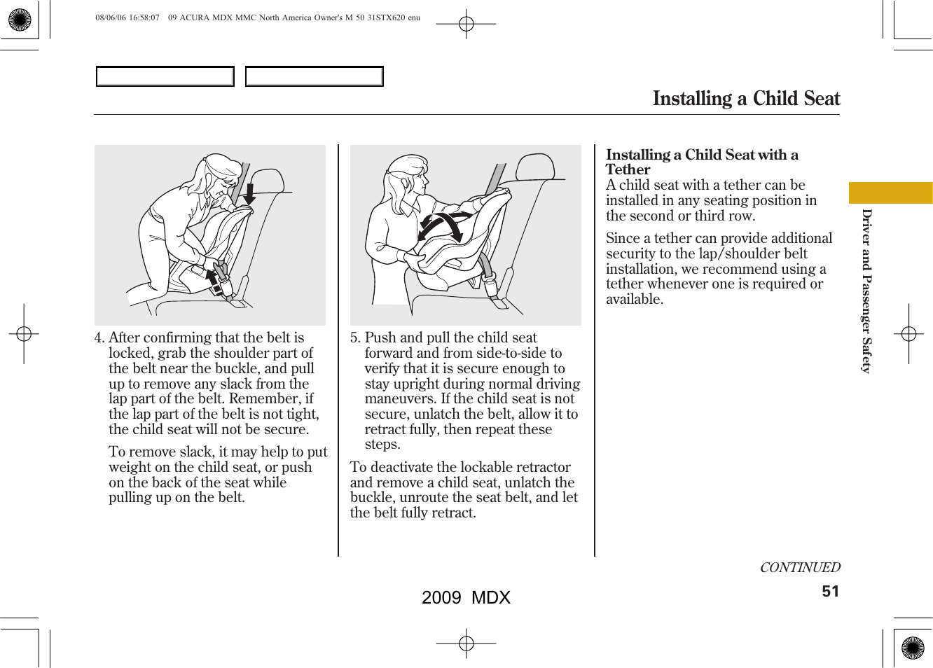Installing a child seat, 2009 mdx | Acura 2009 MDX User Manual | Page 55 / 489