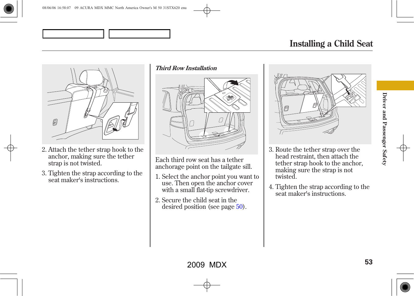 Installing a child seat, 2009 mdx | Acura 2009 MDX User Manual | Page 57 / 489