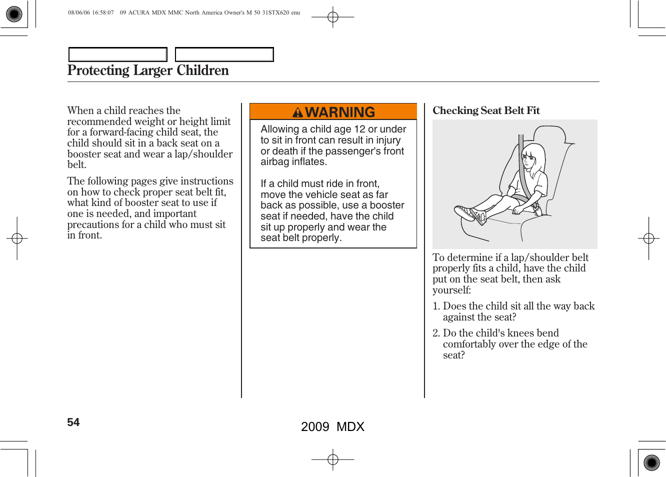 Protecting larger children, 2009 mdx | Acura 2009 MDX User Manual | Page 58 / 489