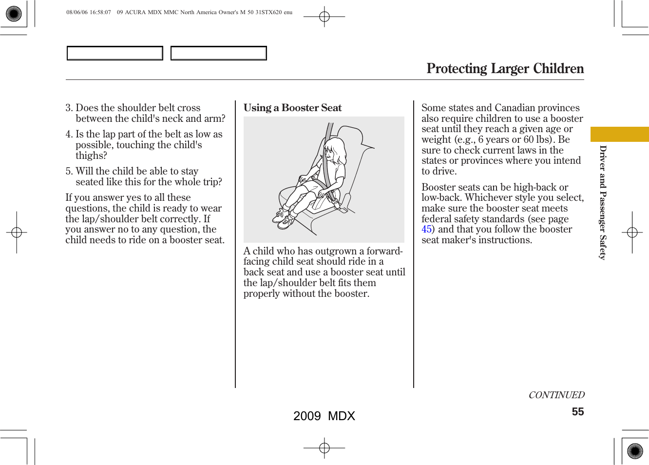 Protecting larger children, 2009 mdx | Acura 2009 MDX User Manual | Page 59 / 489