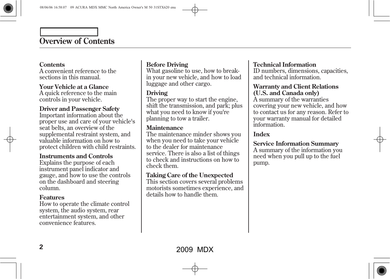 Overview of contents, 2009 mdx | Acura 2009 MDX User Manual | Page 6 / 489