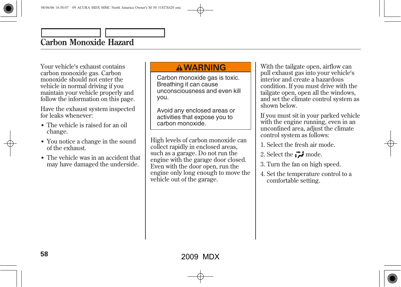 Carbon monoxide hazard, 2009 mdx | Acura 2009 MDX User Manual | Page 62 / 489