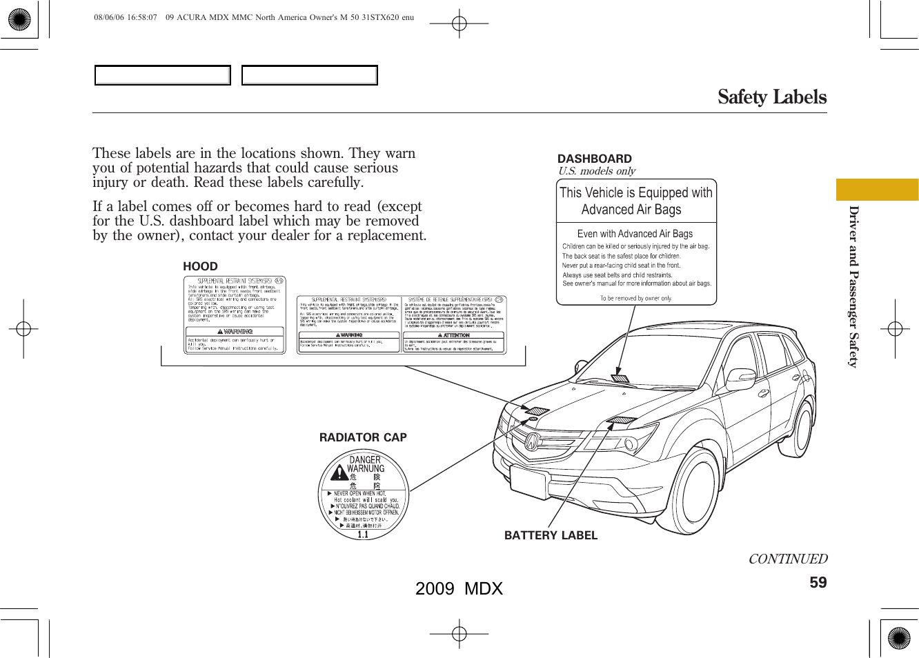 Safety labels, 2009 mdx | Acura 2009 MDX User Manual | Page 63 / 489