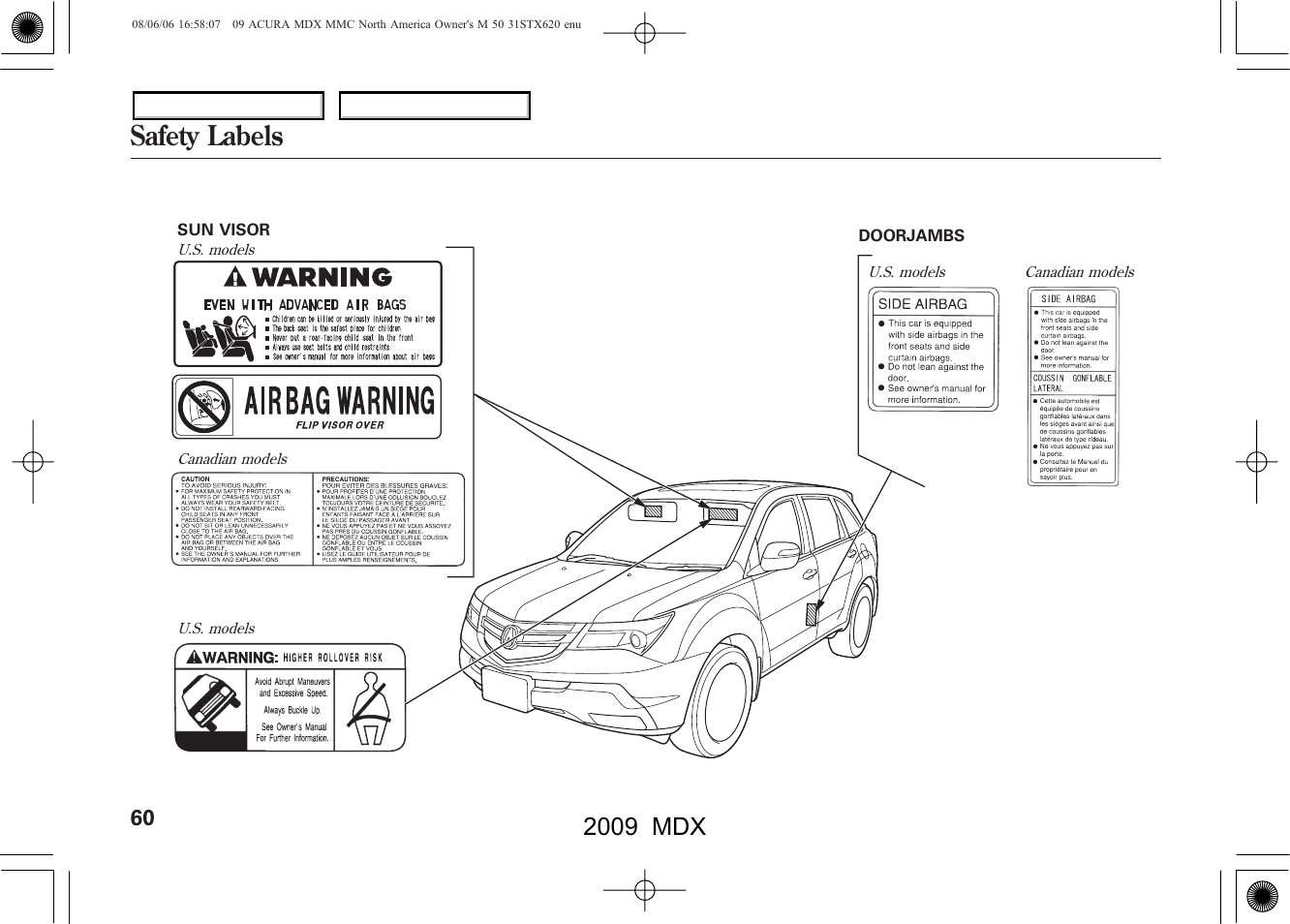 Safety labels, 2009 mdx | Acura 2009 MDX User Manual | Page 64 / 489