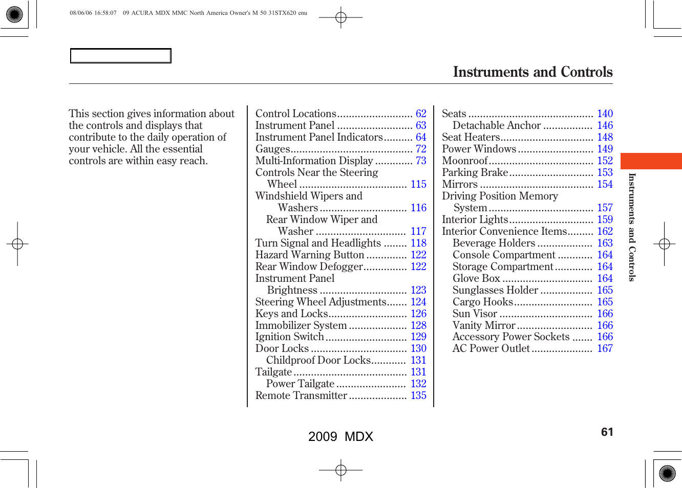 Instruments and controls, 2009 mdx | Acura 2009 MDX User Manual | Page 65 / 489