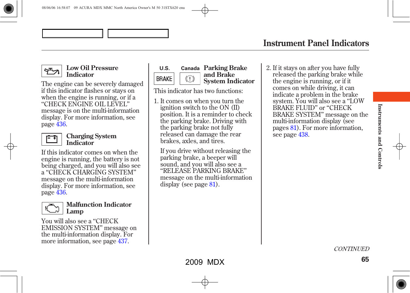 Instrument panel indicators, 2009 mdx | Acura 2009 MDX User Manual | Page 69 / 489