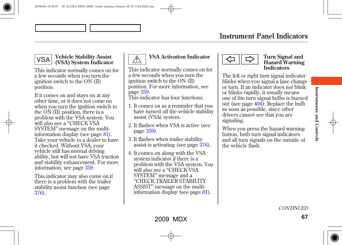 Instrument panel indicators, 2009 mdx | Acura 2009 MDX User Manual | Page 71 / 489