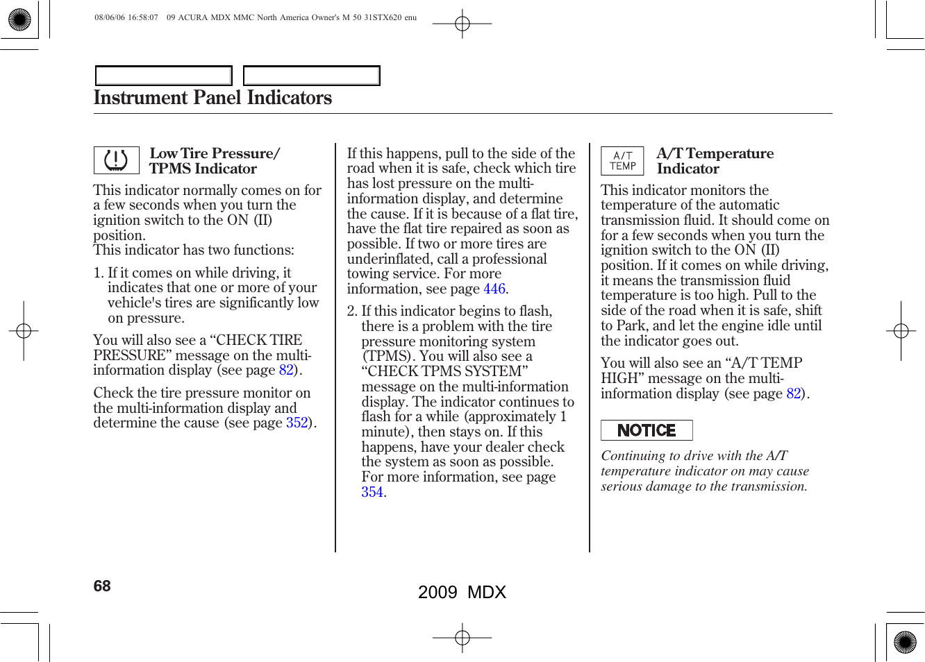 Instrument panel indicators, 2009 mdx | Acura 2009 MDX User Manual | Page 72 / 489