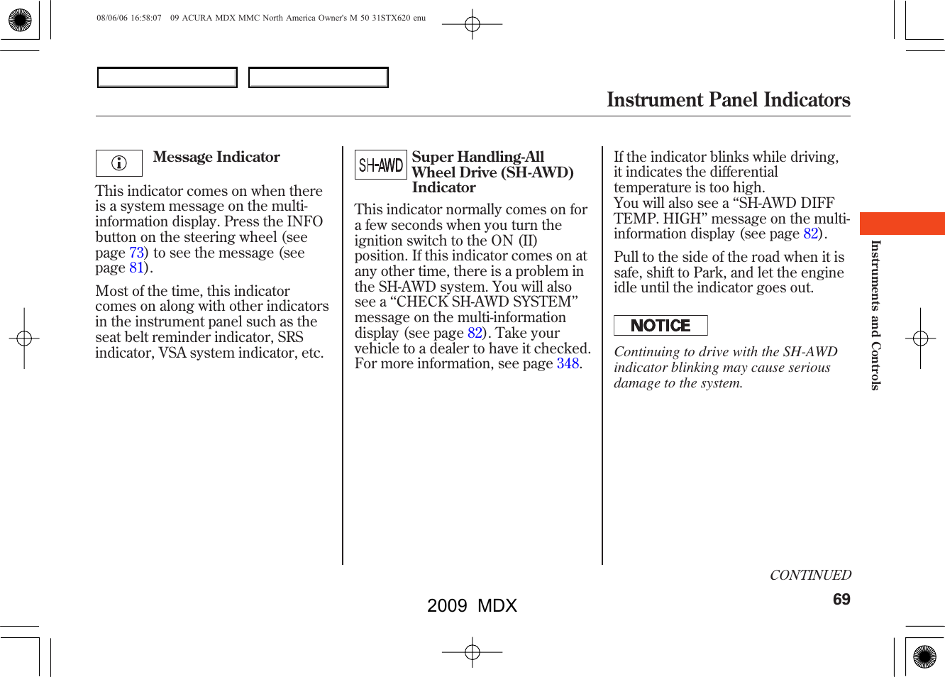 Instrument panel indicators, 2009 mdx | Acura 2009 MDX User Manual | Page 73 / 489