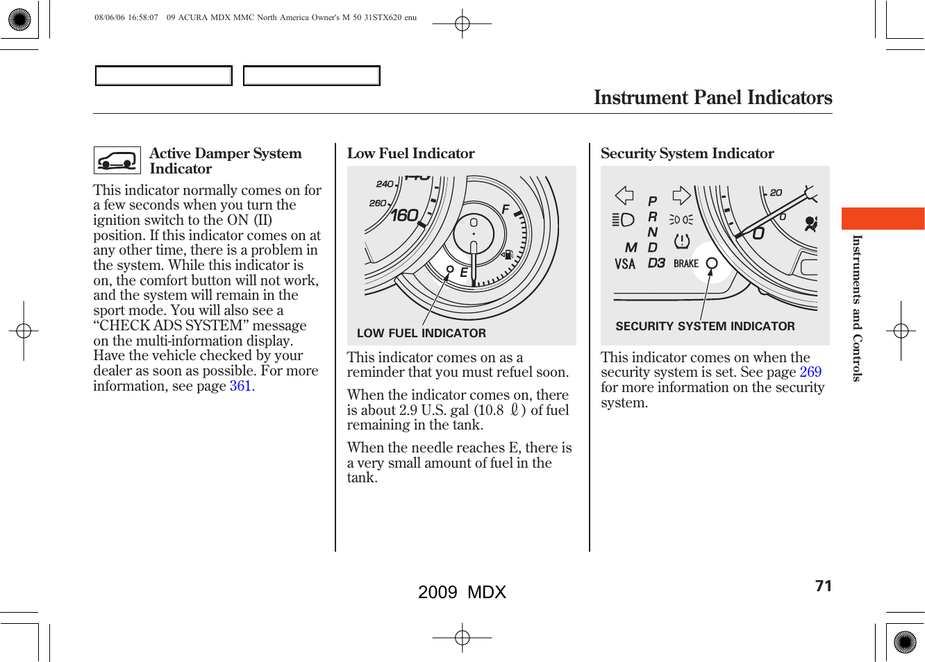 Instrument panel indicators, 2009 mdx | Acura 2009 MDX User Manual | Page 75 / 489