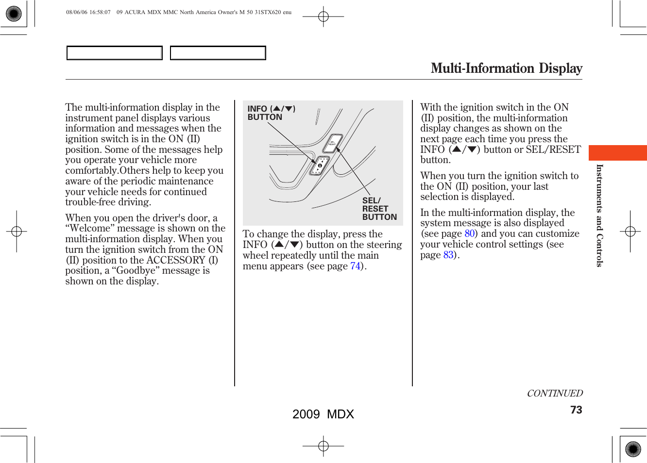 Multi-information display, 2009 mdx | Acura 2009 MDX User Manual | Page 77 / 489