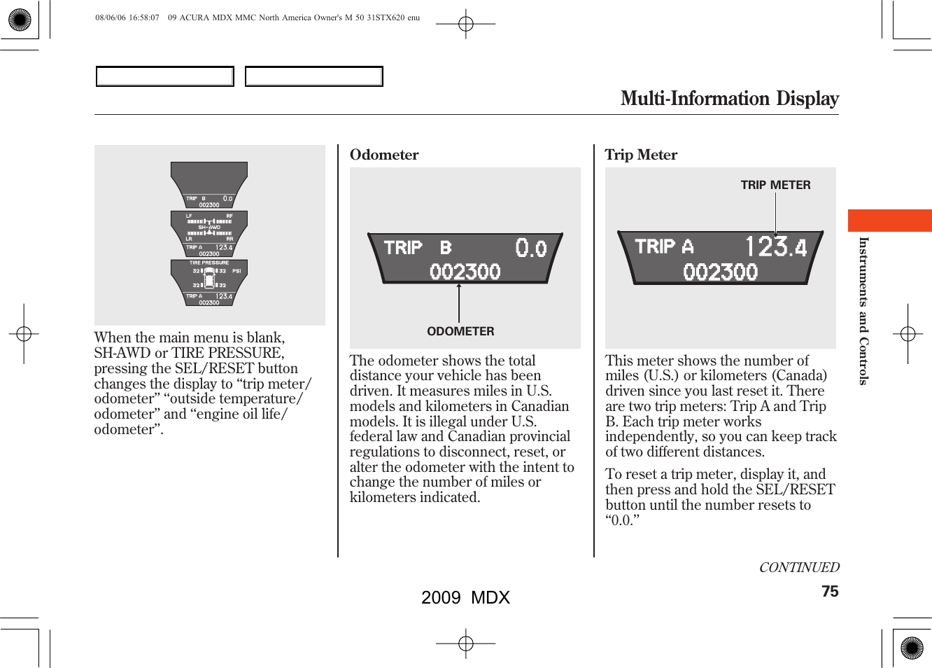 Multi-information display, 2009 mdx | Acura 2009 MDX User Manual | Page 79 / 489