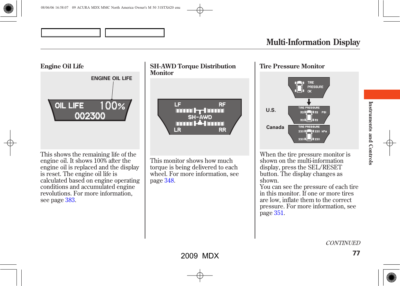 Multi-information display, 2009 mdx | Acura 2009 MDX User Manual | Page 81 / 489