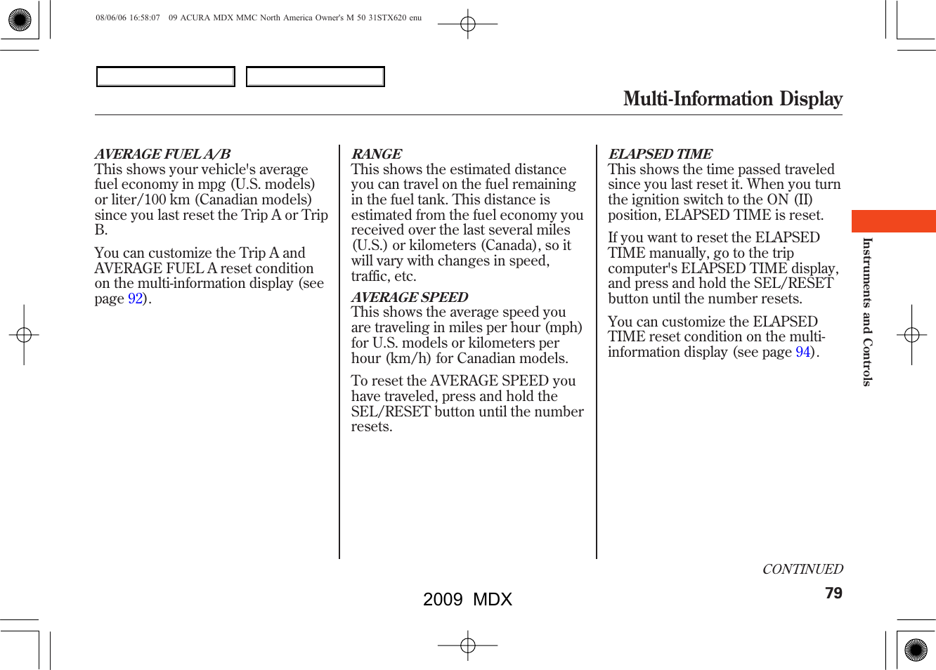 Multi-information display, 2009 mdx | Acura 2009 MDX User Manual | Page 83 / 489