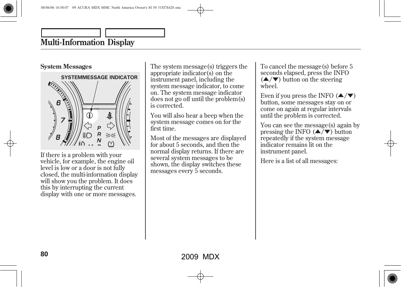 Multi-information display, 2009 mdx | Acura 2009 MDX User Manual | Page 84 / 489