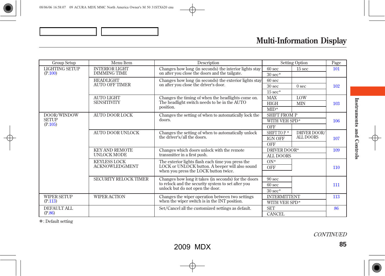 Multi-information display, 2009 mdx, Continued | Acura 2009 MDX User Manual | Page 89 / 489