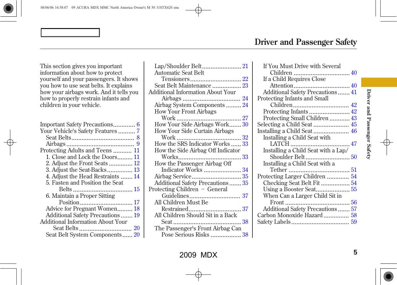 Driver and passenger safety, 2009 mdx | Acura 2009 MDX User Manual | Page 9 / 489