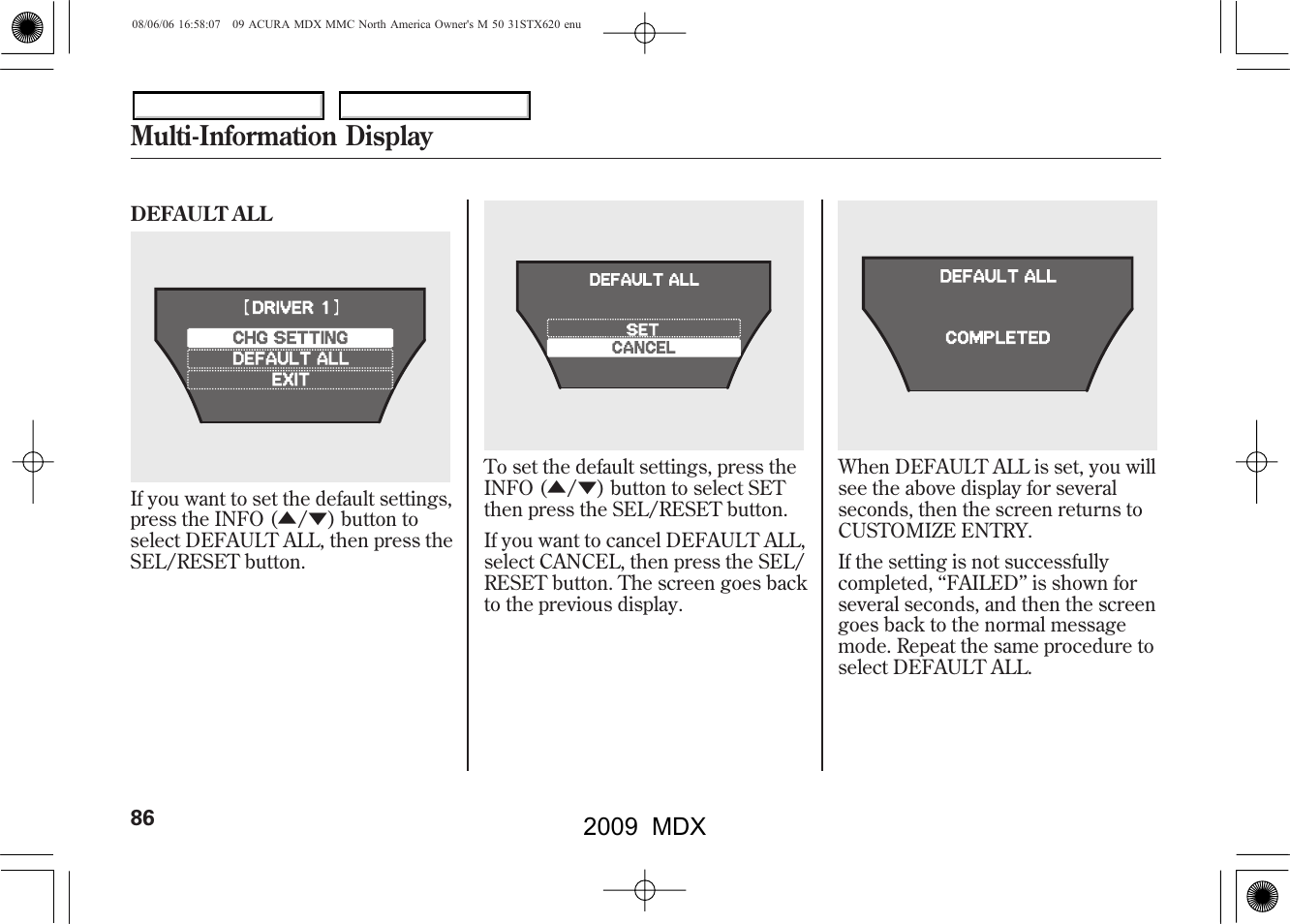Multi-information display, 2009 mdx | Acura 2009 MDX User Manual | Page 90 / 489