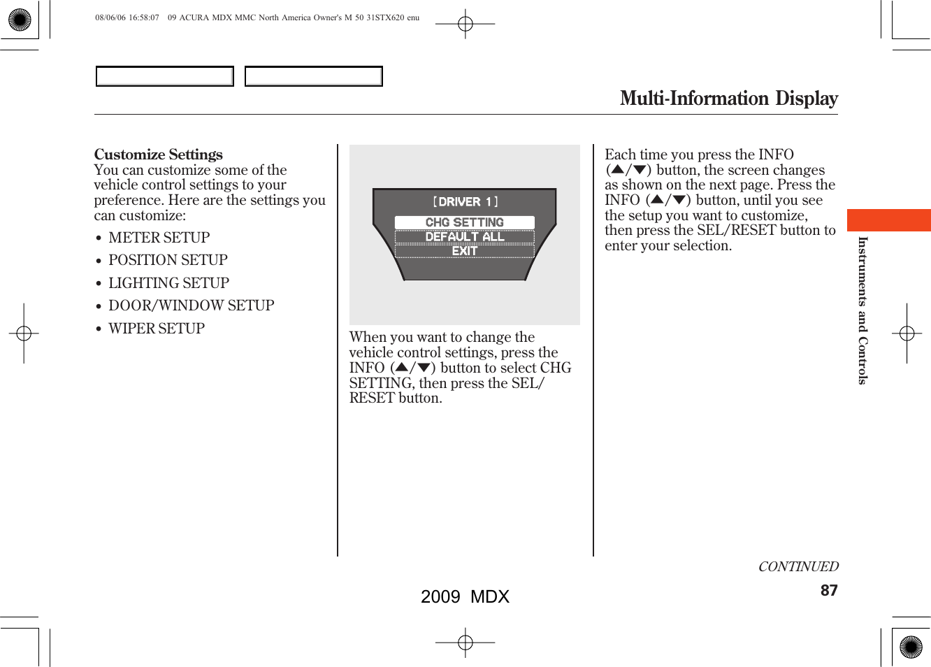 Multi-information display, 2009 mdx | Acura 2009 MDX User Manual | Page 91 / 489