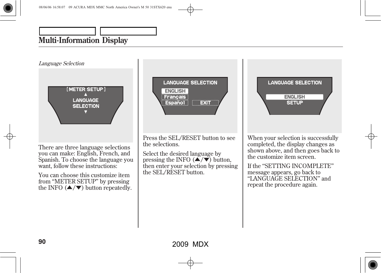 Multi-information display, 2009 mdx | Acura 2009 MDX User Manual | Page 94 / 489