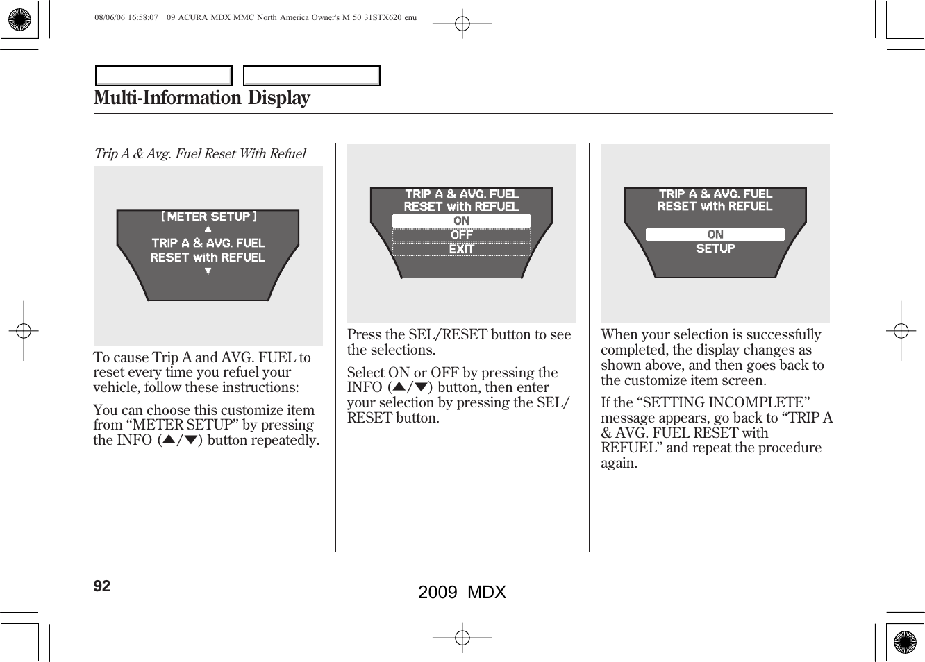 Multi-information display, 2009 mdx | Acura 2009 MDX User Manual | Page 96 / 489