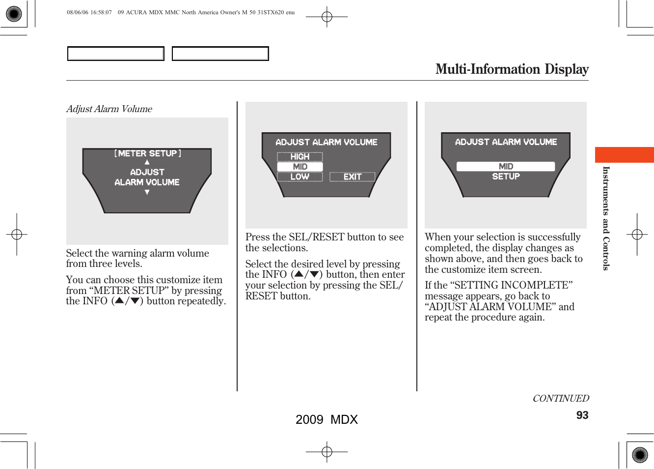 Multi-information display, 2009 mdx | Acura 2009 MDX User Manual | Page 97 / 489