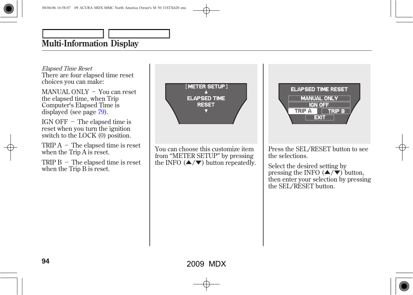 Multi-information display, 2009 mdx | Acura 2009 MDX User Manual | Page 98 / 489