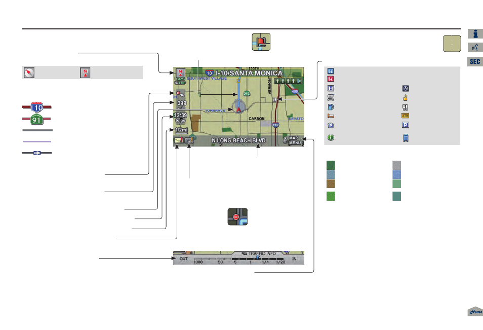 2013 tl, Driving to your destination, Map screen legend | Acura 2013 TL Navigation User Manual | Page 57 / 183