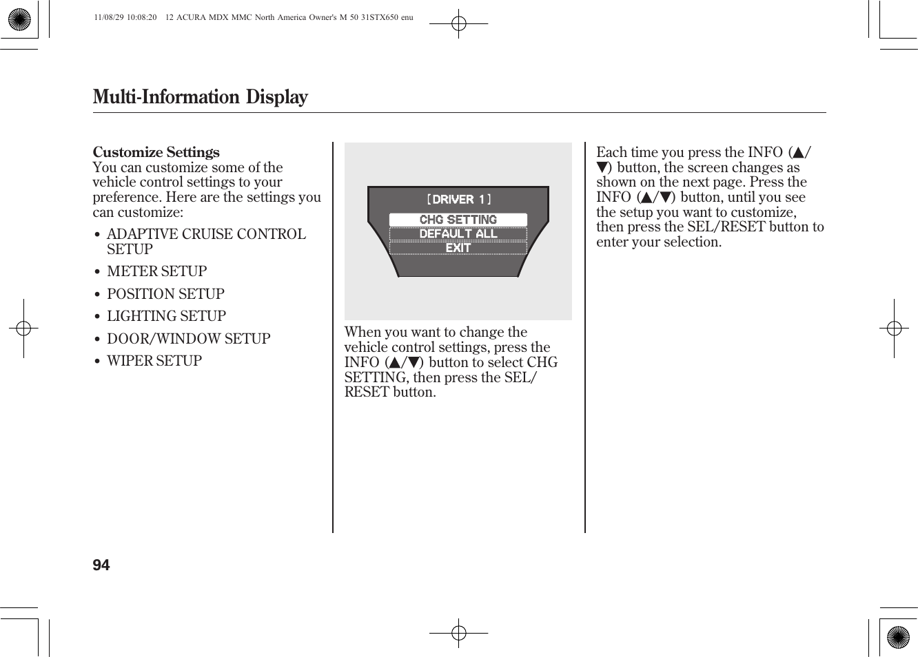 Multi-information display | Acura 2012 MDX User Manual | Page 101 / 617