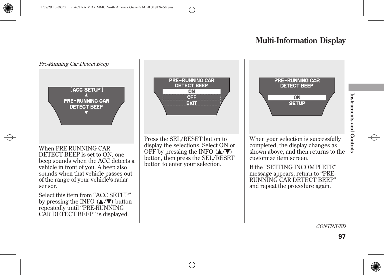 Multi-information display | Acura 2012 MDX User Manual | Page 104 / 617