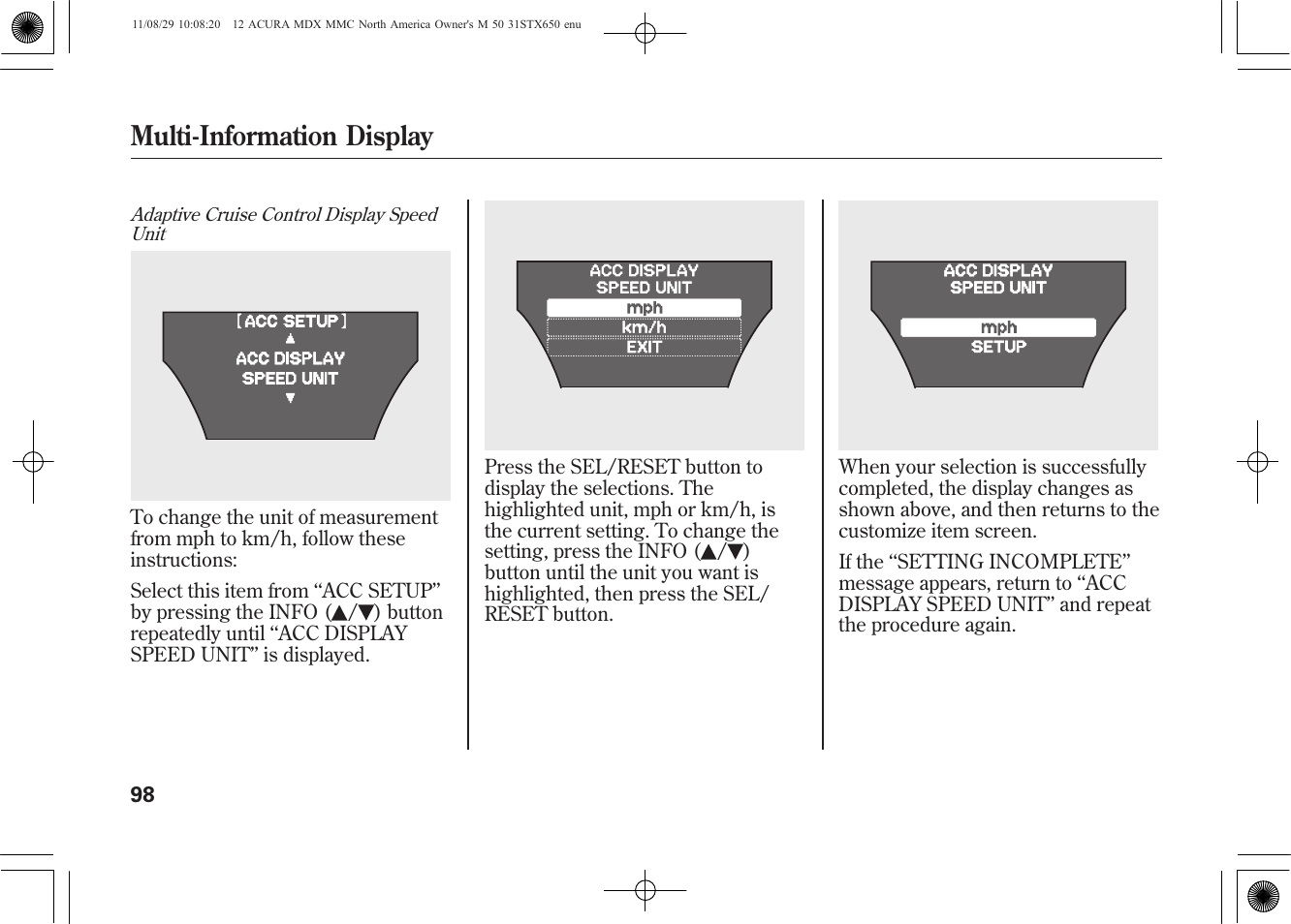 Multi-information display | Acura 2012 MDX User Manual | Page 105 / 617