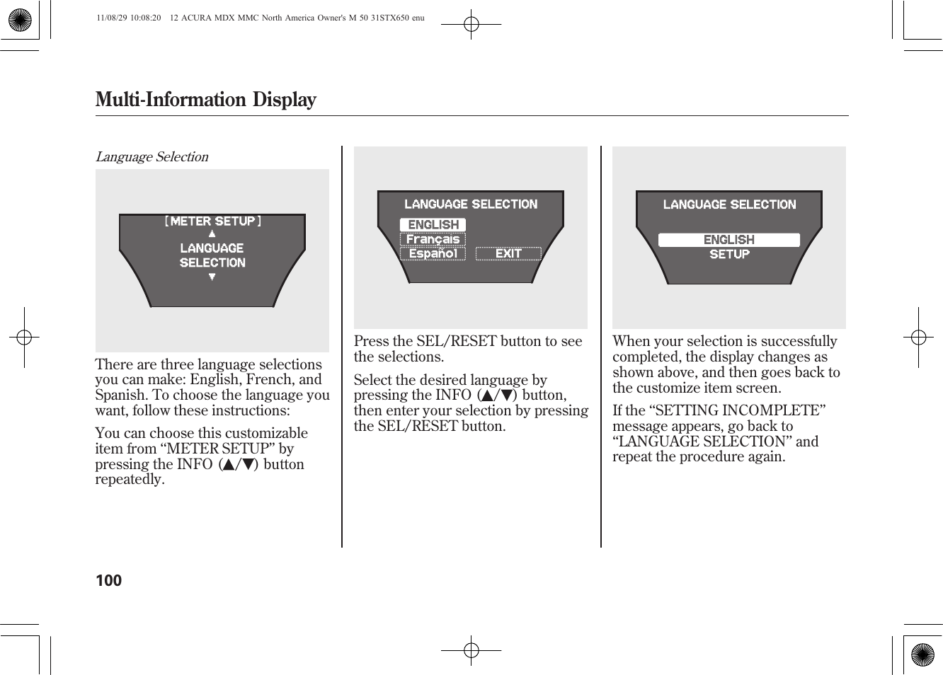 Multi-information display | Acura 2012 MDX User Manual | Page 107 / 617