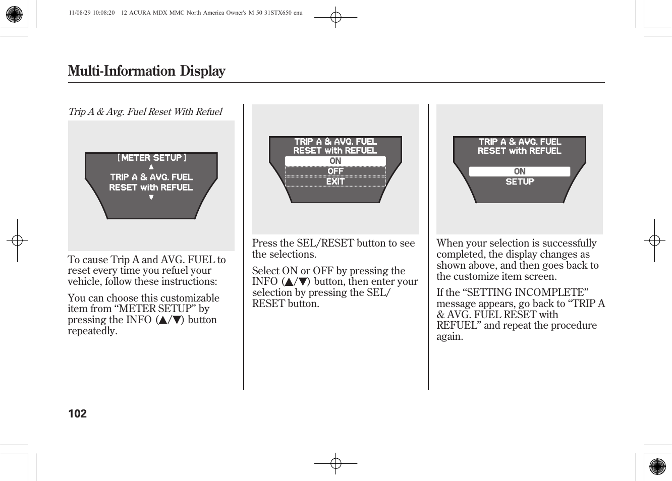 Multi-information display | Acura 2012 MDX User Manual | Page 109 / 617