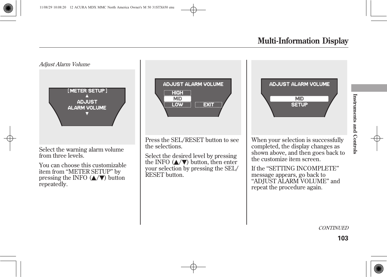 Multi-information display | Acura 2012 MDX User Manual | Page 110 / 617