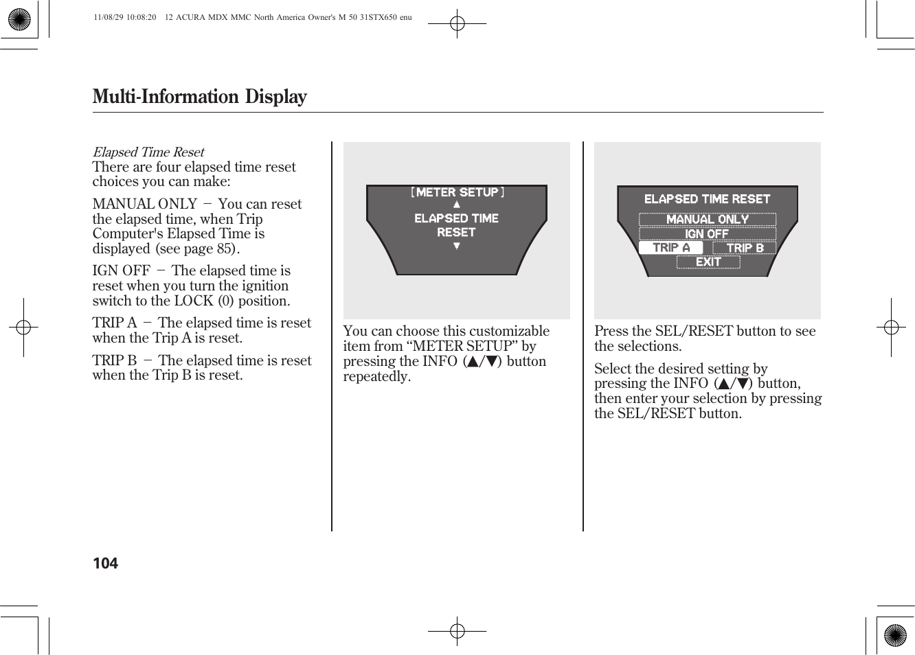 Multi-information display | Acura 2012 MDX User Manual | Page 111 / 617