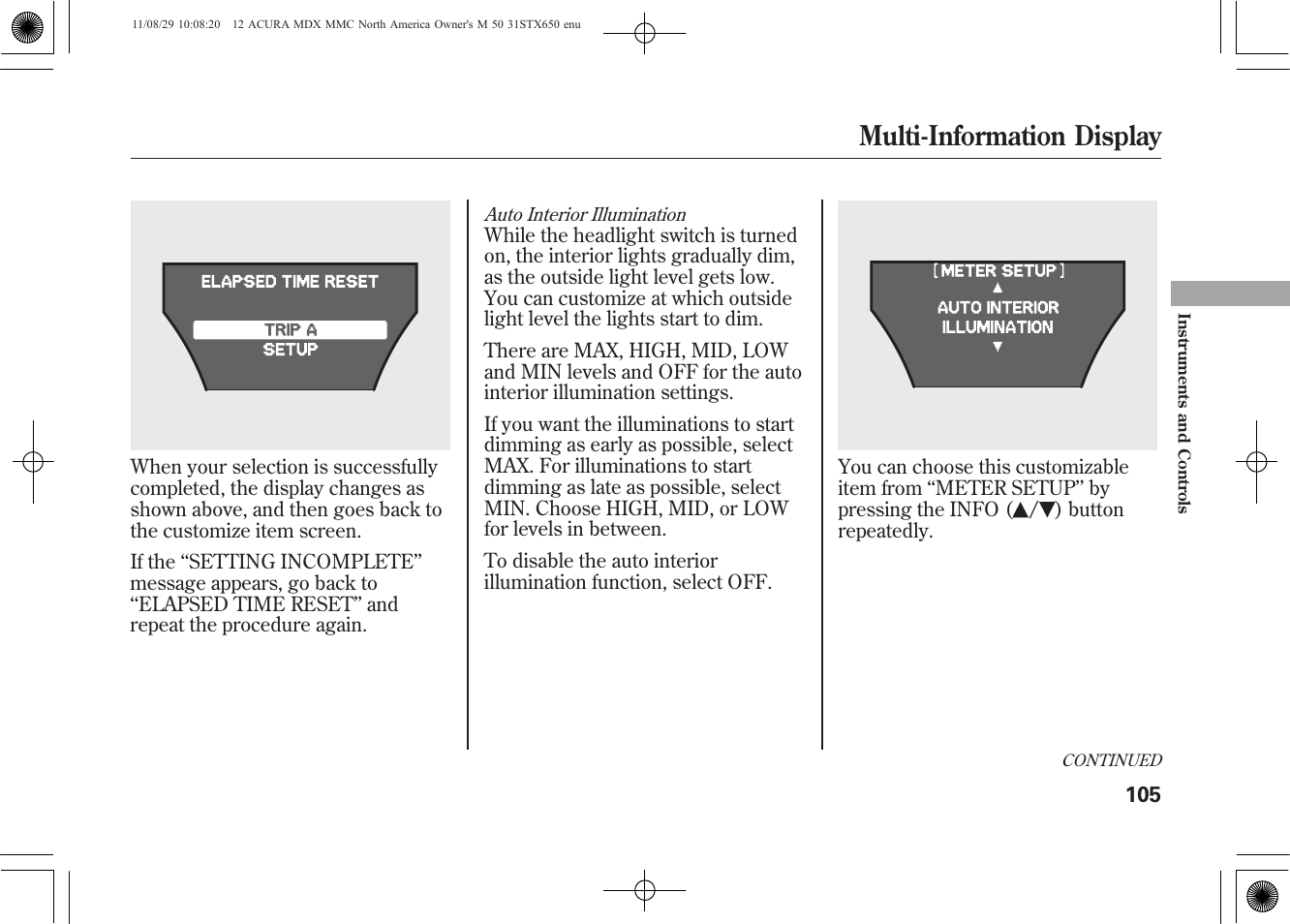 Multi-information display | Acura 2012 MDX User Manual | Page 112 / 617