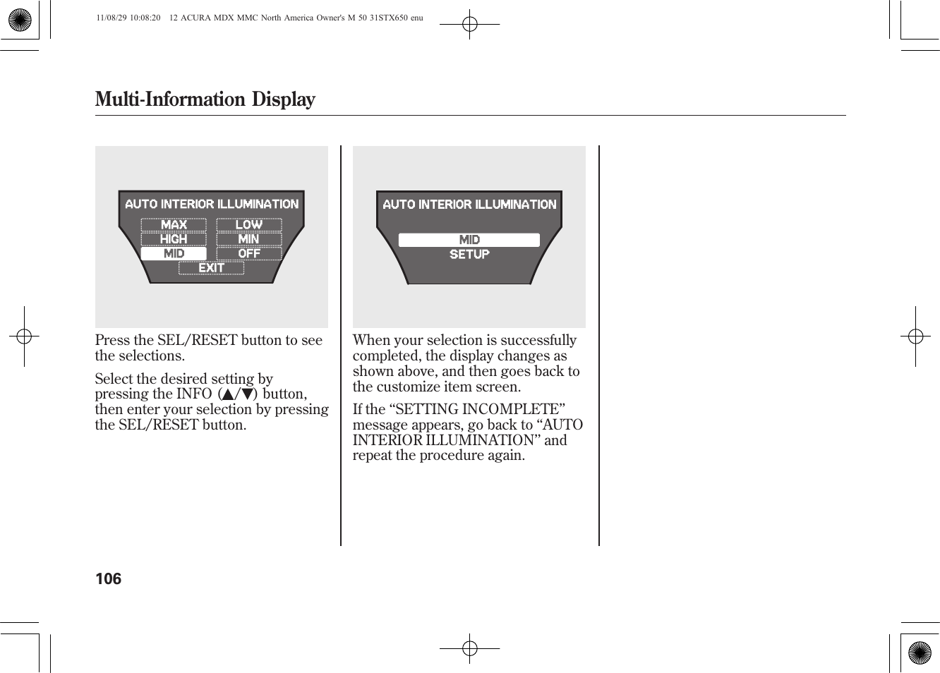 Multi-information display | Acura 2012 MDX User Manual | Page 113 / 617