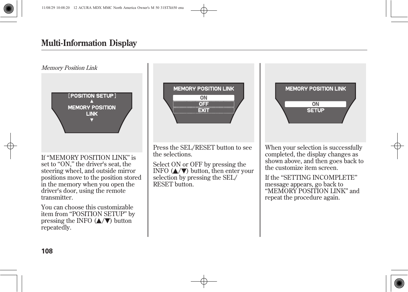 Multi-information display | Acura 2012 MDX User Manual | Page 115 / 617