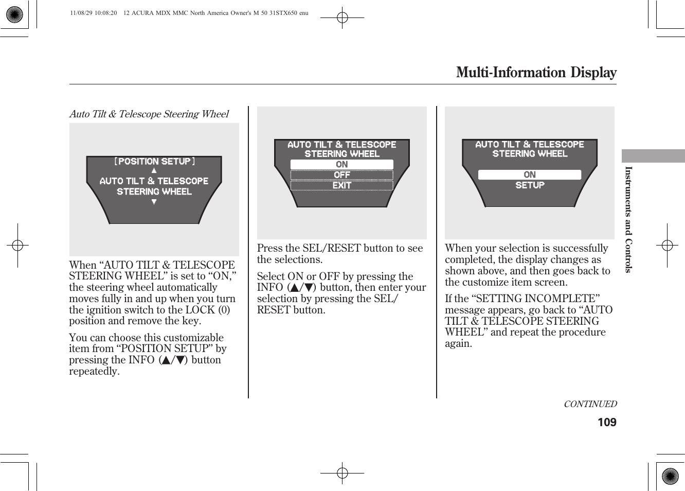Multi-information display | Acura 2012 MDX User Manual | Page 116 / 617