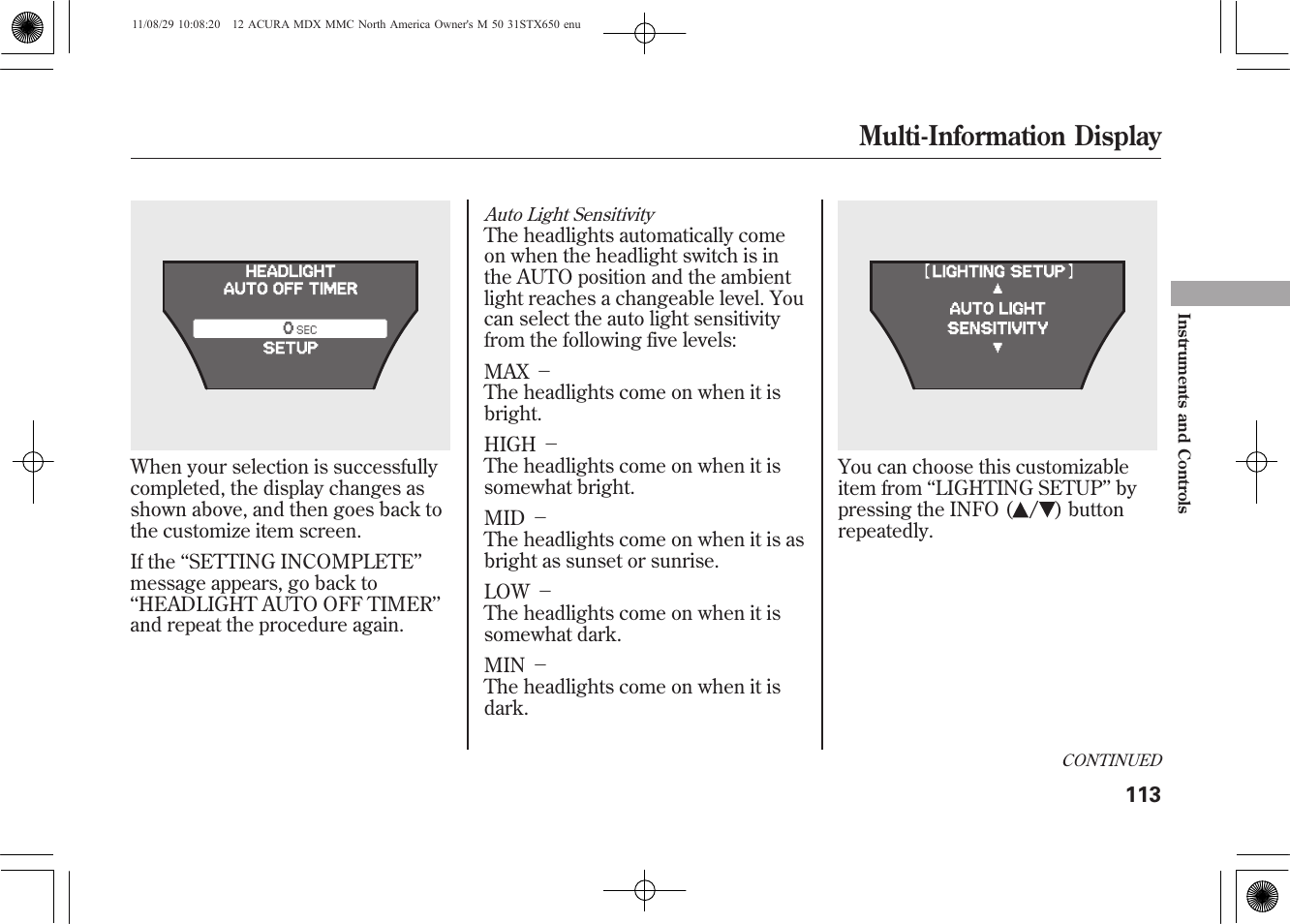Multi-information display | Acura 2012 MDX User Manual | Page 120 / 617