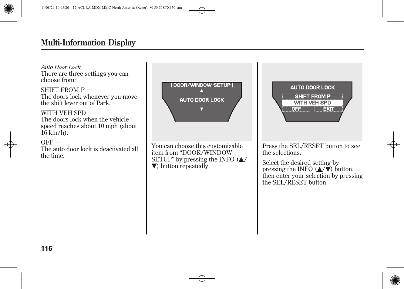 Multi-information display | Acura 2012 MDX User Manual | Page 123 / 617