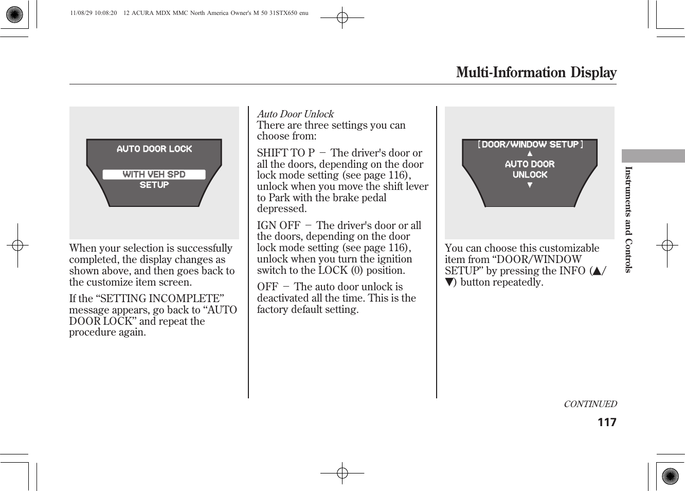 Multi-information display | Acura 2012 MDX User Manual | Page 124 / 617