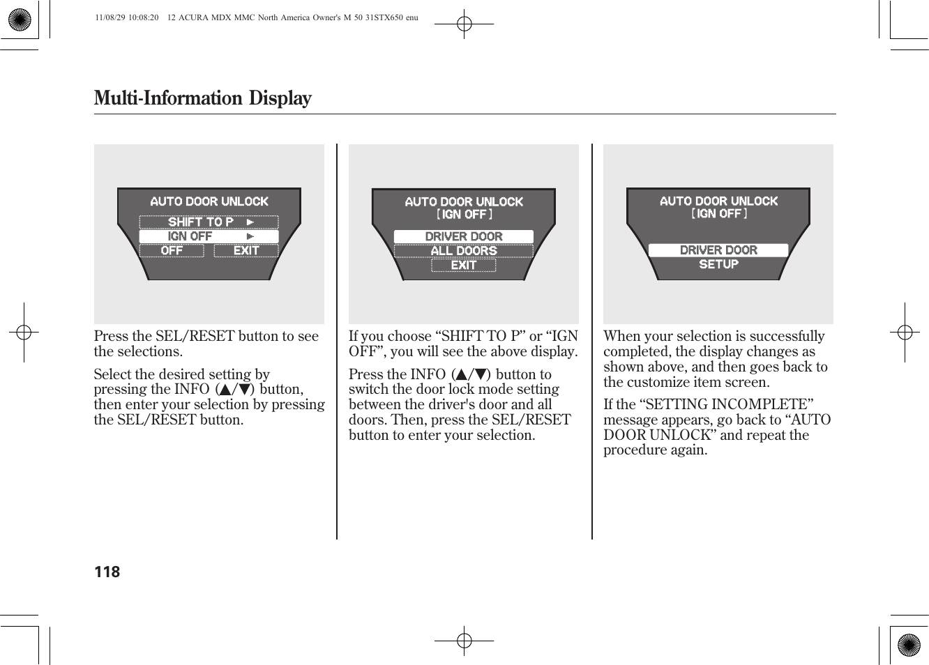 Multi-information display | Acura 2012 MDX User Manual | Page 125 / 617