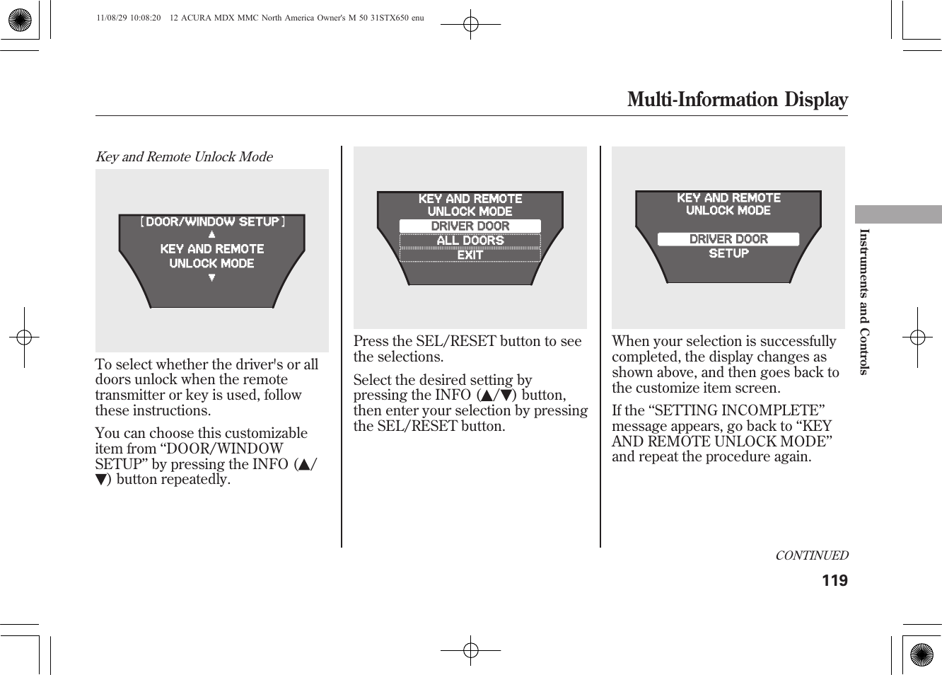 Multi-information display | Acura 2012 MDX User Manual | Page 126 / 617