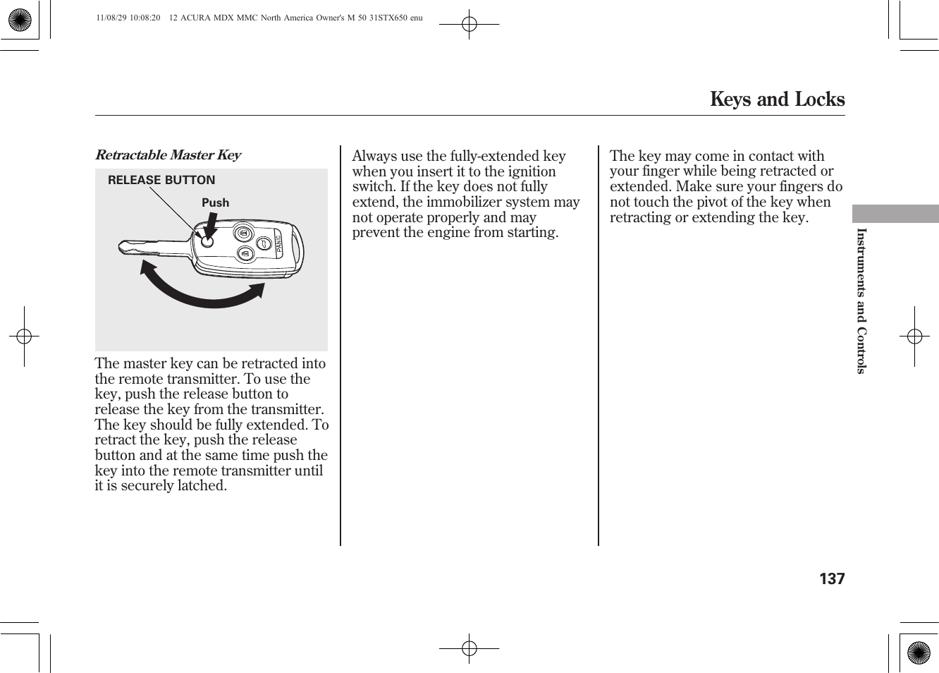 Keys and locks | Acura 2012 MDX User Manual | Page 144 / 617