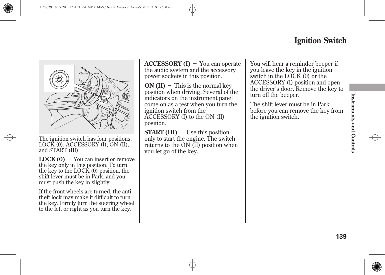 Ignition switch | Acura 2012 MDX User Manual | Page 146 / 617